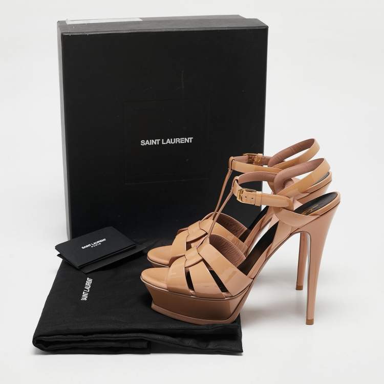 Pre Owned Saint Laurent Dusty Pink Patent Leather Tribute Platform Sandals Size 39