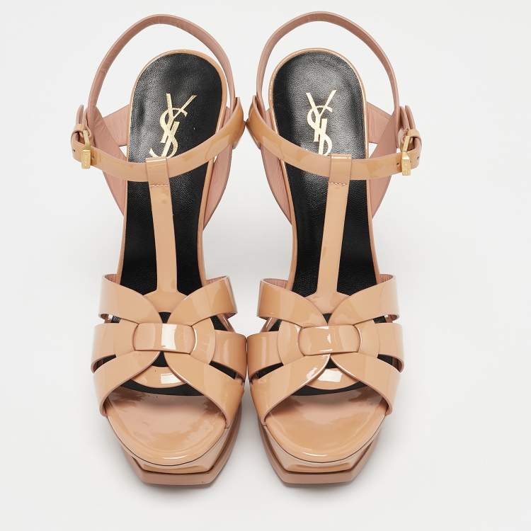 Pre Owned Saint Laurent Dusty Pink Patent Leather Tribute Platform Sandals Size 39