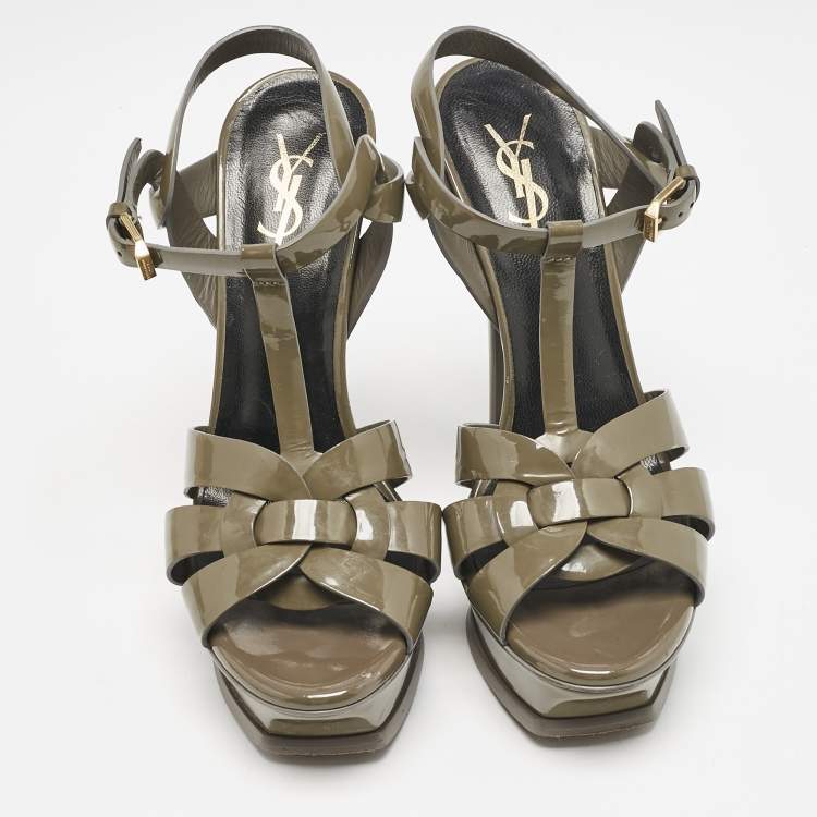 Pre Owned Saint Laurent Olive Green Patent Leather Tribute Platform Sandals Size 38