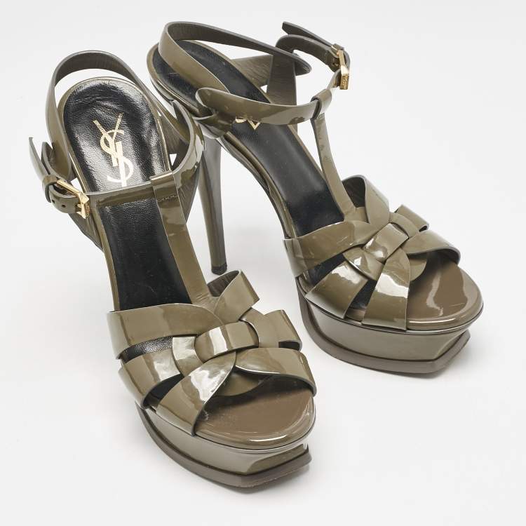 Pre Owned Saint Laurent Olive Green Patent Leather Tribute Platform Sandals Size 38