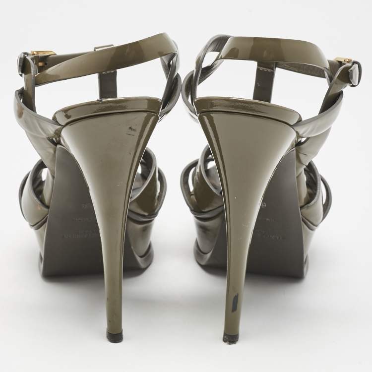 Pre Owned Saint Laurent Olive Green Patent Leather Tribute Platform Sandals Size 38