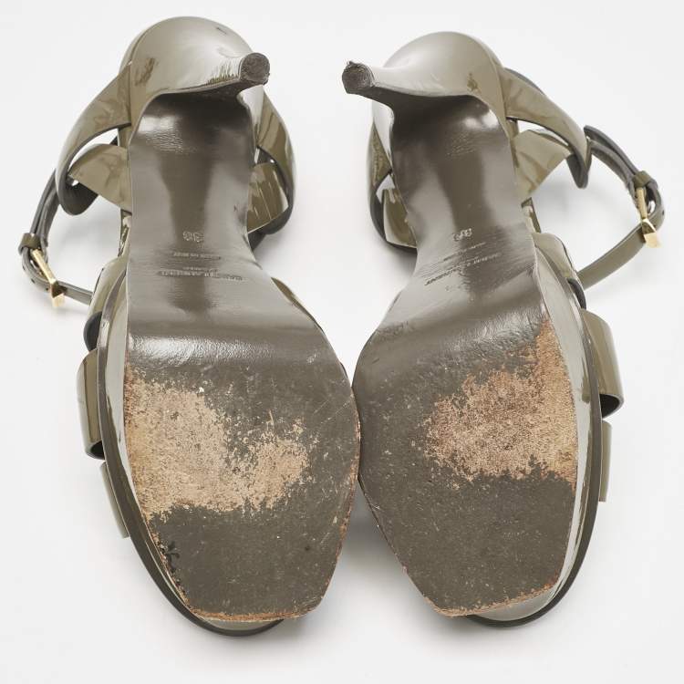 Pre Owned Saint Laurent Olive Green Patent Leather Tribute Platform Sandals Size 38
