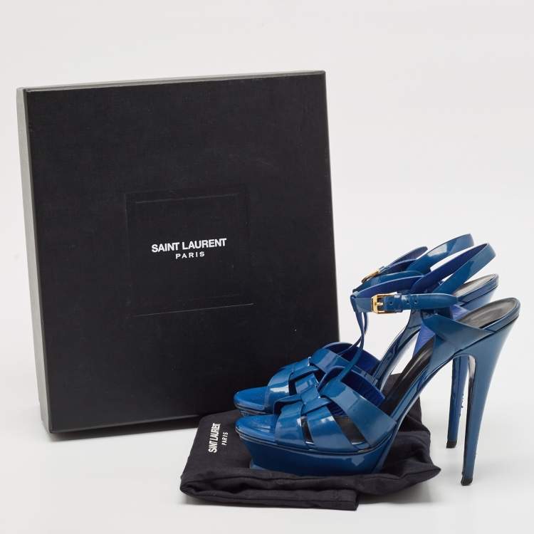 Pre Owned Saint Laurent Blue Patent Leather Tribute Platform Sandals Size 40 