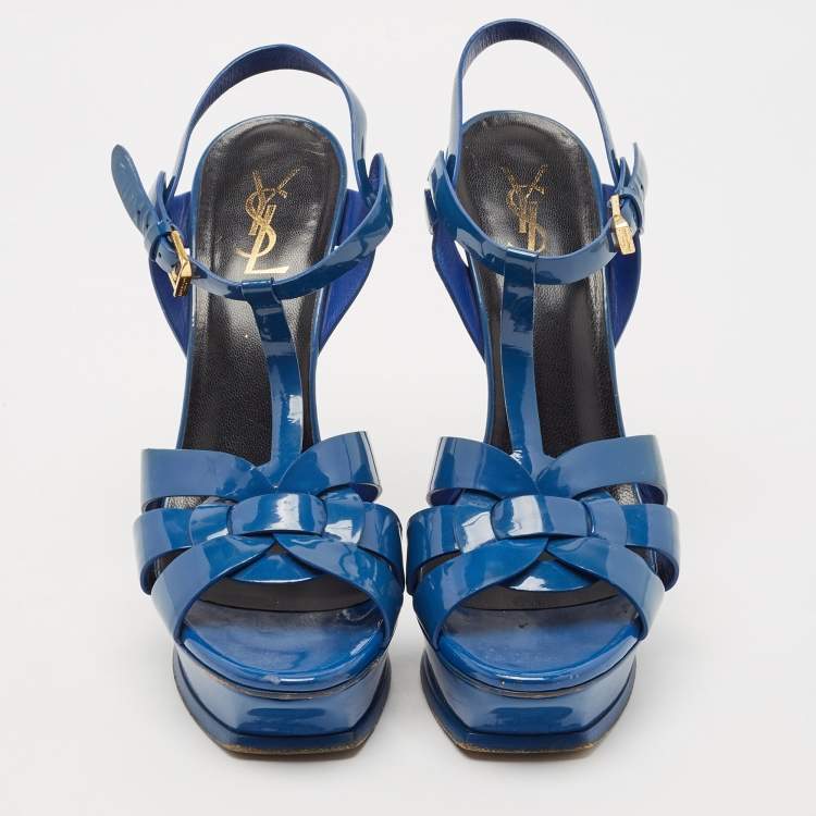 Pre Owned Saint Laurent Blue Patent Leather Tribute Platform Sandals Size 40 