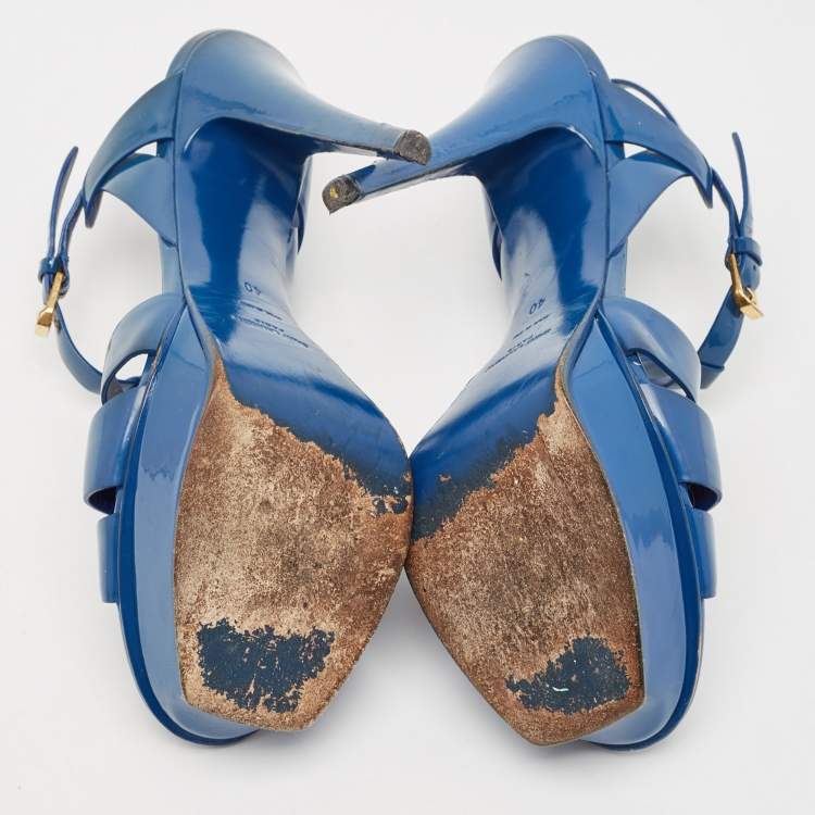 Pre Owned Saint Laurent Blue Patent Leather Tribute Platform Sandals Size 40 