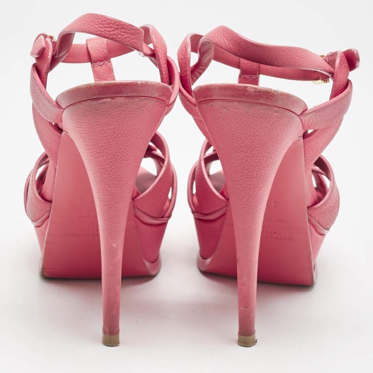 Pre Owned Saint Laurent Coral Pink Leather Tribute Sandals Size 39.5