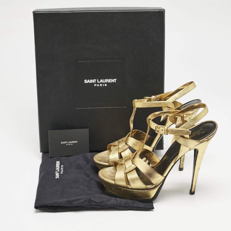 Pre Owned Saint Laurent Metallic Gold Leather Tribute Sandals Size 40