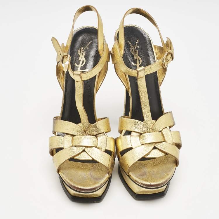 Pre Owned Saint Laurent Metallic Gold Leather Tribute Sandals Size 40
