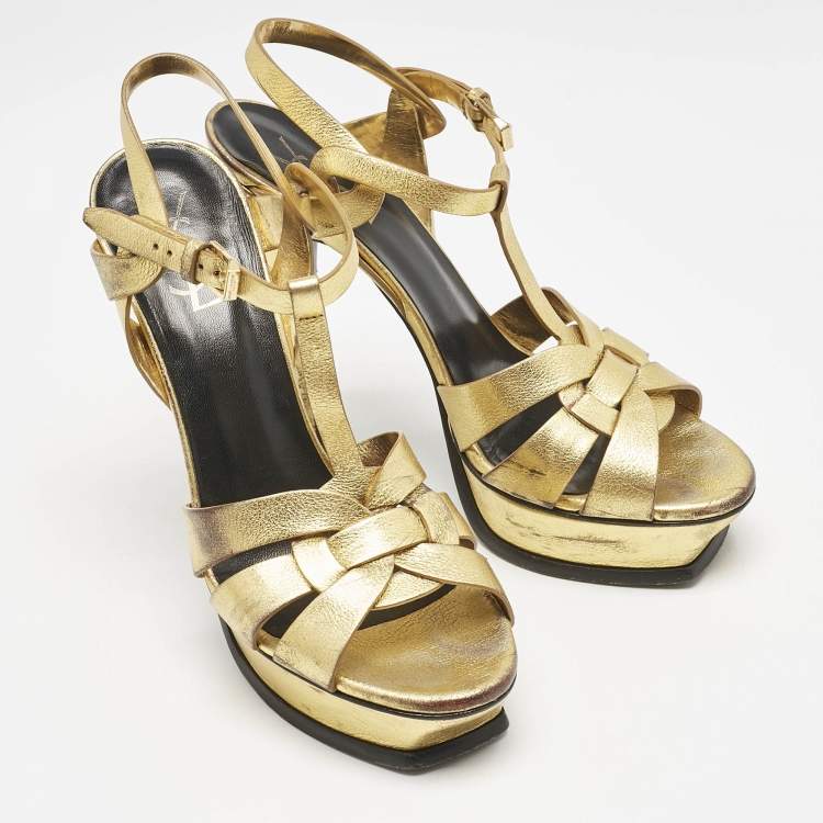 Pre Owned Saint Laurent Metallic Gold Leather Tribute Sandals Size 40