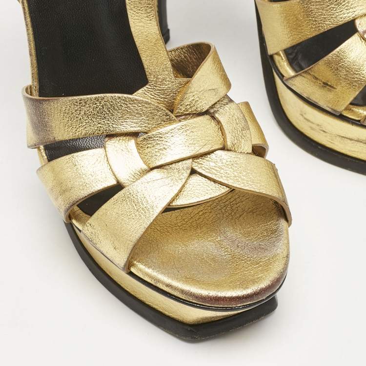 Pre Owned Saint Laurent Metallic Gold Leather Tribute Sandals Size 40