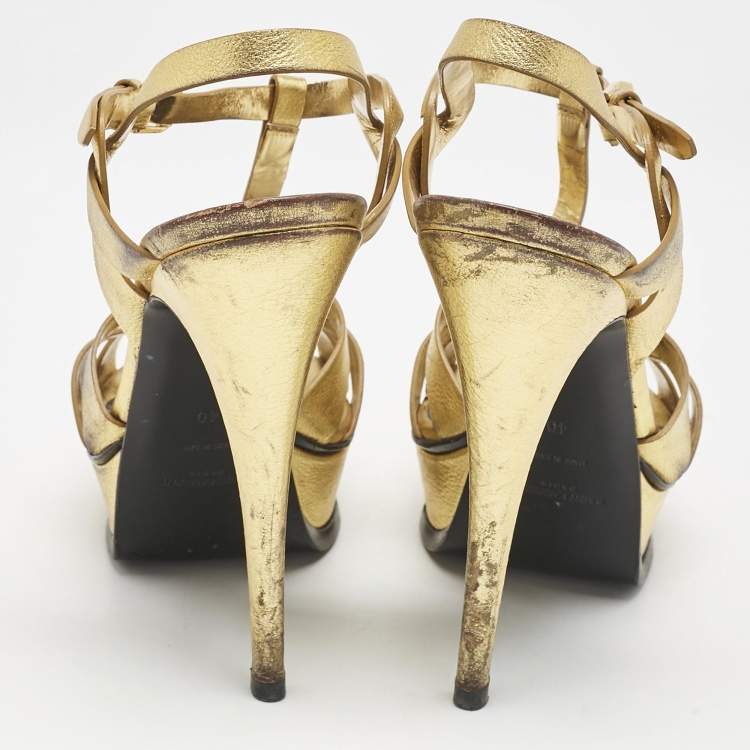 Pre Owned Saint Laurent Metallic Gold Leather Tribute Sandals Size 40