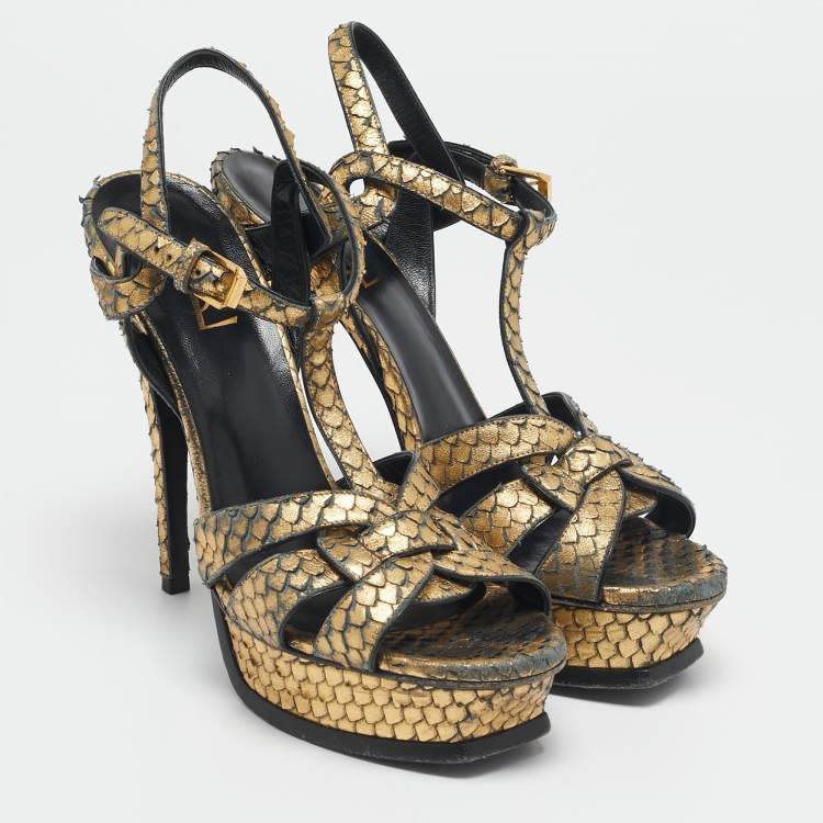 Pre Owned Saint Laurent Metallic Gold Python Embossed Leather Tribute Sandals Size 39.5
