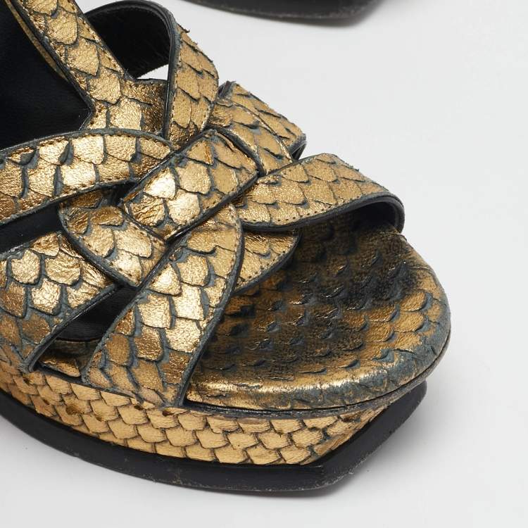 Pre Owned Saint Laurent Metallic Gold Python Embossed Leather Tribute Sandals Size 39.5