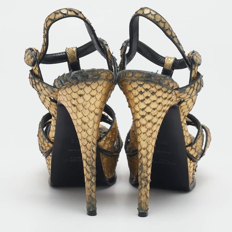 Pre Owned Saint Laurent Metallic Gold Python Embossed Leather Tribute Sandals Size 39.5