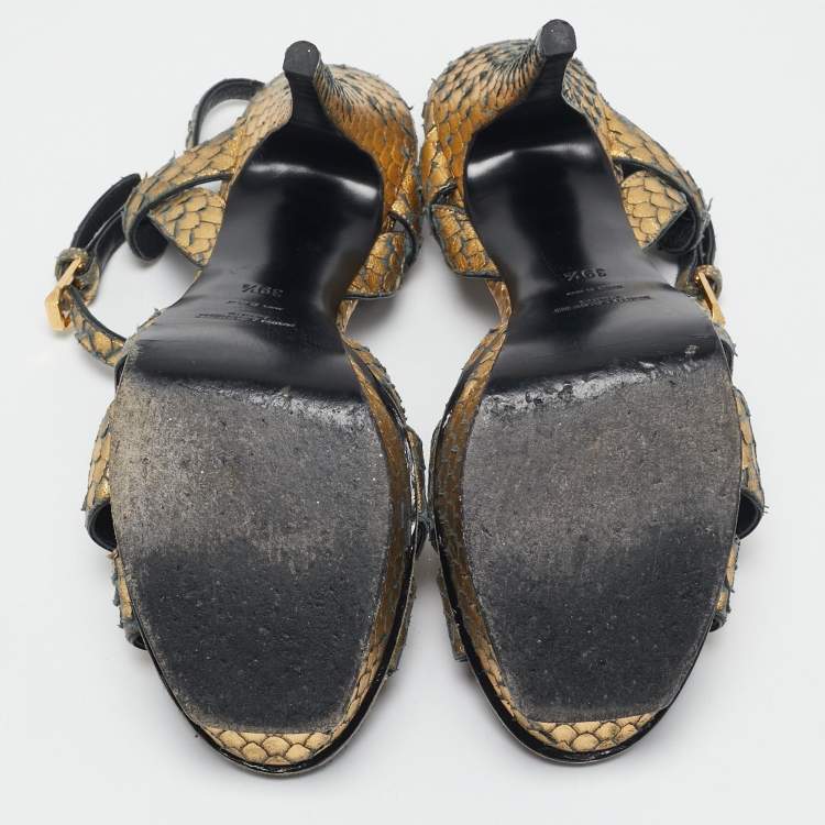 Pre Owned Saint Laurent Metallic Gold Python Embossed Leather Tribute Sandals Size 39.5