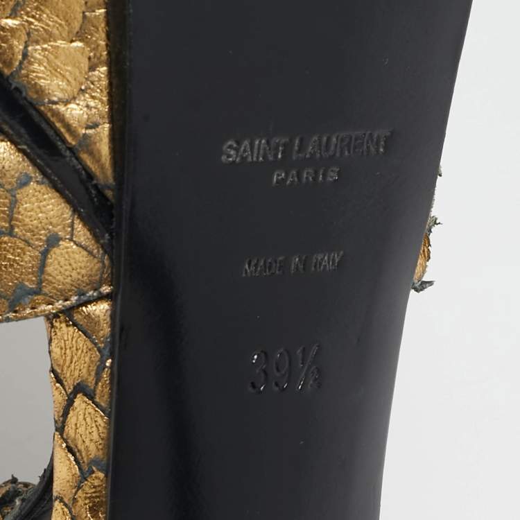 Pre Owned Saint Laurent Metallic Gold Python Embossed Leather Tribute Sandals Size 39.5