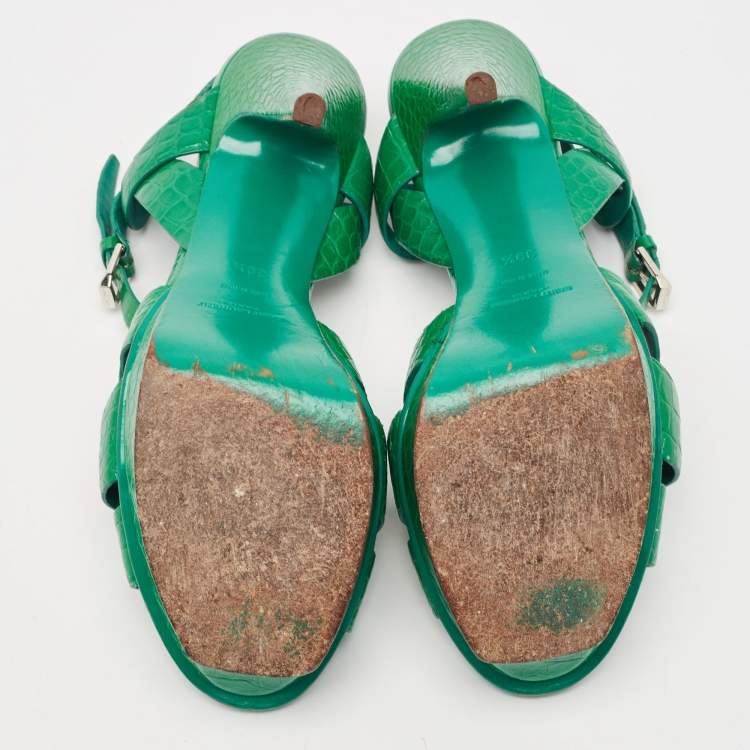 Pre Owned Saint Laurent Green Croc Embossed Leather Tribute Platform Sandals Size 39.5