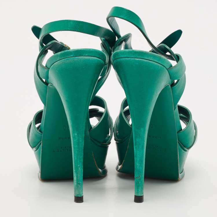 Pre Owned Saint Laurent Green Leather Tribute Sandals Size 40