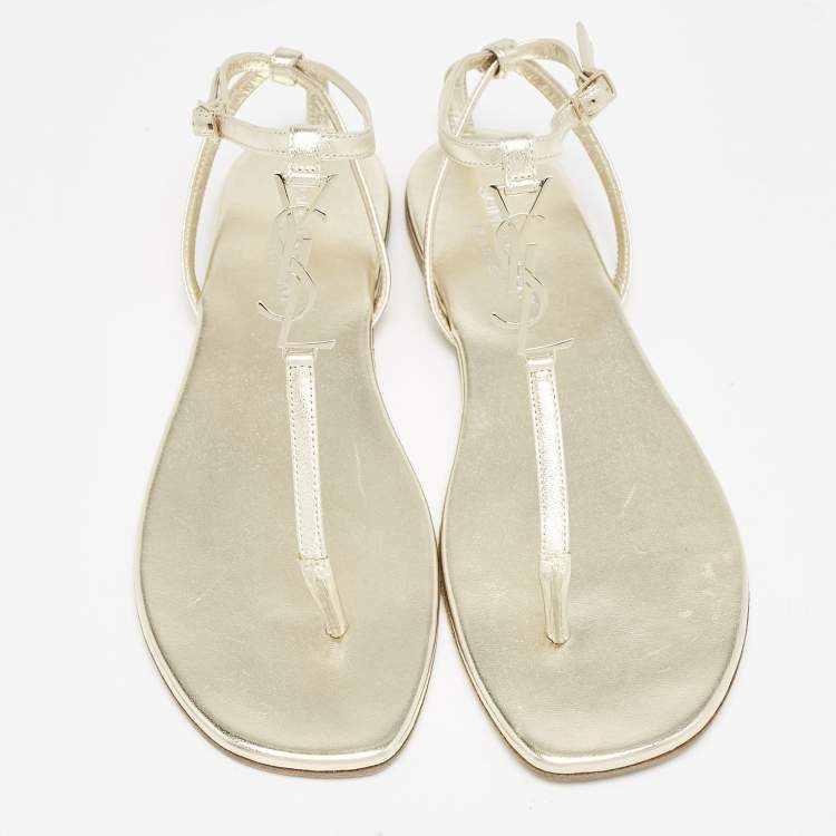 Pre Owned Saint Laurent Gold Leather Cassandra Thong Flat Sandals Size 39