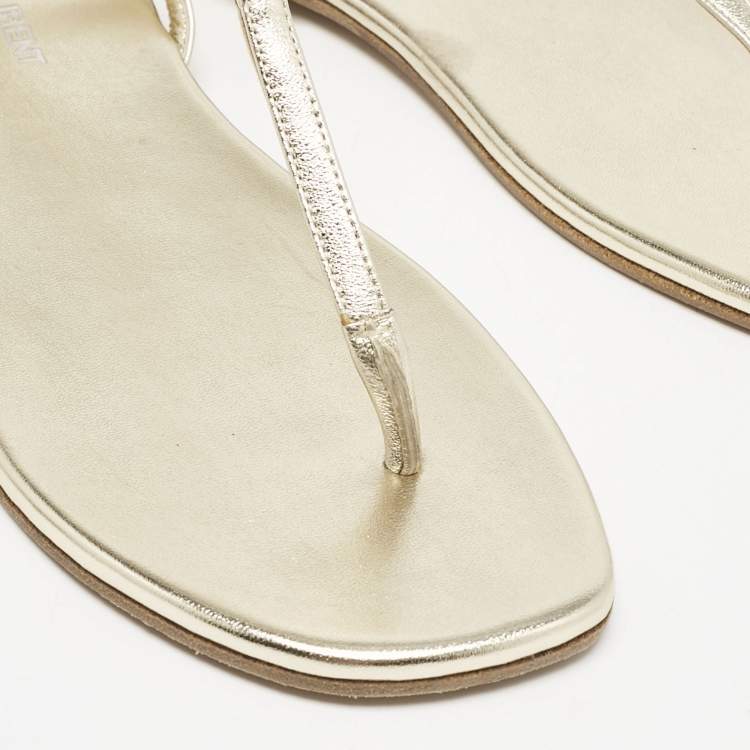 Pre Owned Saint Laurent Gold Leather Cassandra Thong Flat Sandals Size 39