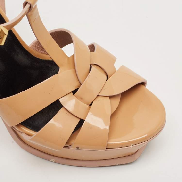 Pre Owned Saint Laurent Beige Patent Leather Tribute Platform Sandals Size 38