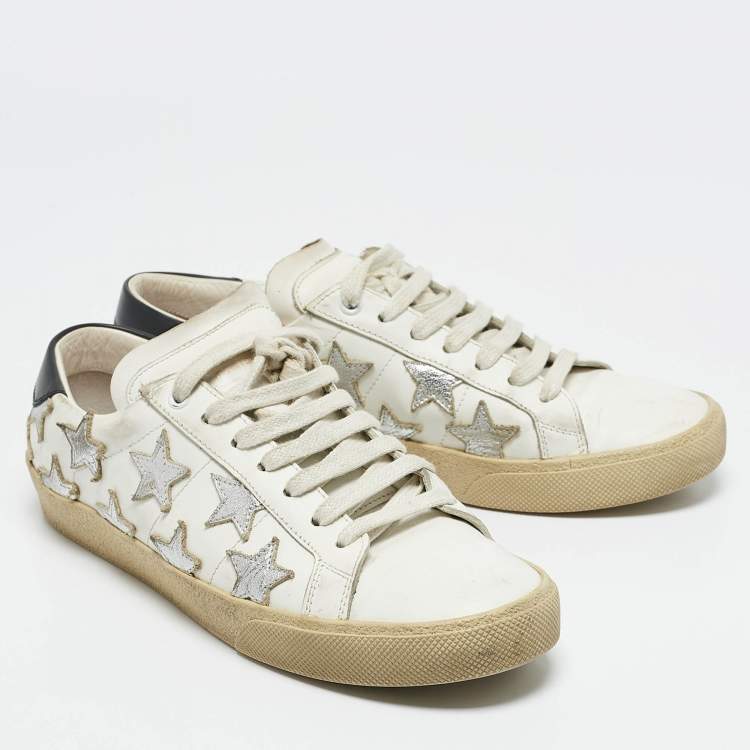 Pre Owned Saint Laurent White/Silver Leather Court Classic Low Top Sneakers Size 38