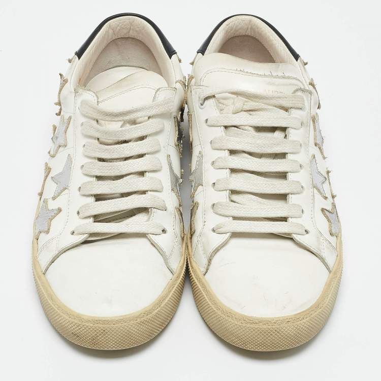 Pre Owned Saint Laurent White/Silver Leather Court Classic Low Top Sneakers Size 38