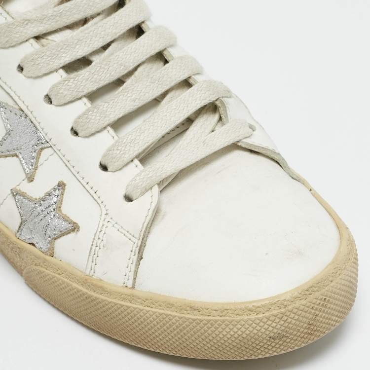 Pre Owned Saint Laurent White/Silver Leather Court Classic Low Top Sneakers Size 38