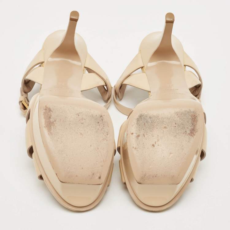 Pre Owned Saint Laurent Beige Patent Leather Tribute Platform Sandals Size 38