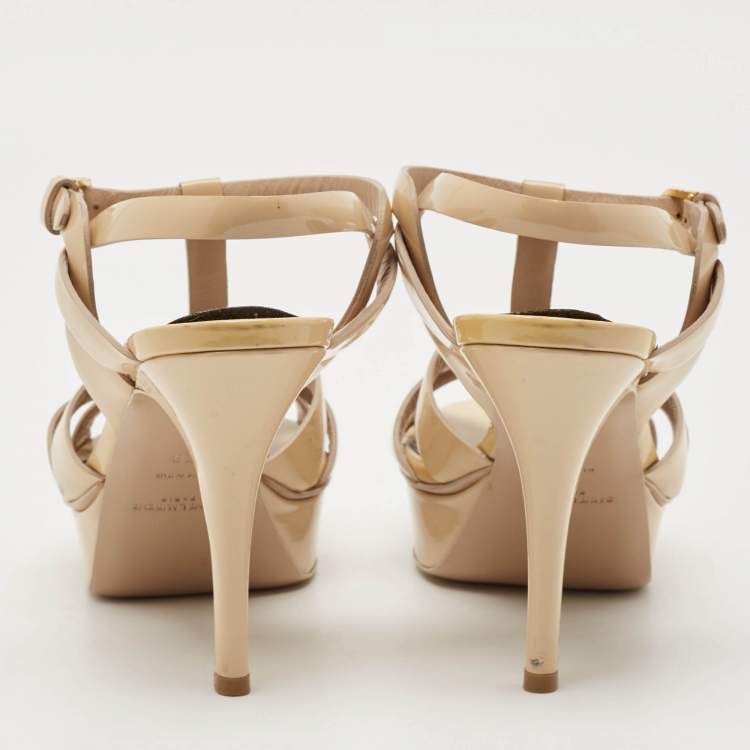 Pre Owned Saint Laurent Beige Patent Leather Tribute Platform Sandals Size 38