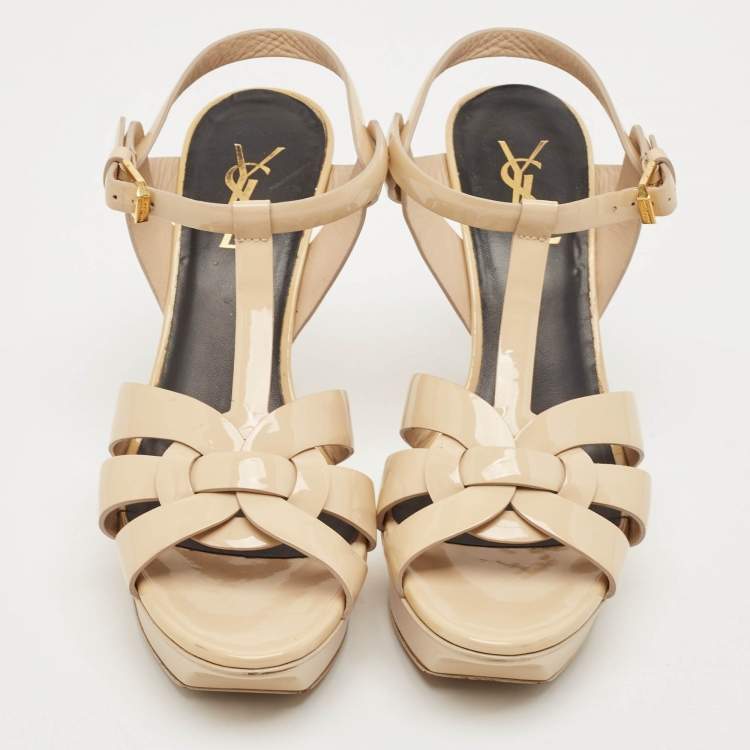 Pre Owned Saint Laurent Beige Patent Leather Tribute Platform Sandals Size 38