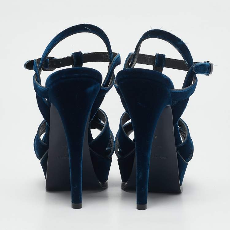 Pre Owned Saint Laurent Navy Blue Velvet Tribute Platform Sandals Size 37
