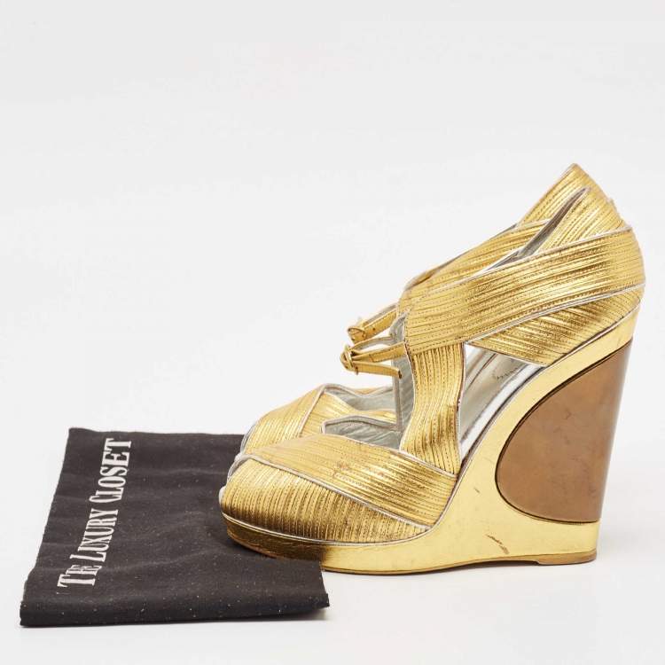 Pre Owned Saint Laurent Paris Metallic Gold Leather Venice Sculpted Wedge Platform Sandals Size 39