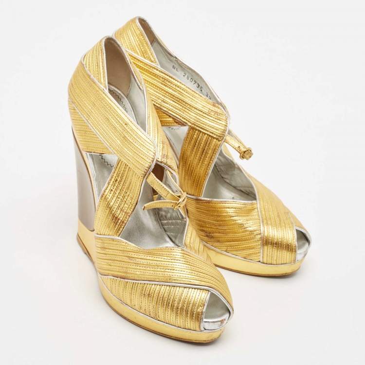 Pre Owned Saint Laurent Paris Metallic Gold Leather Venice Sculpted Wedge Platform Sandals Size 39