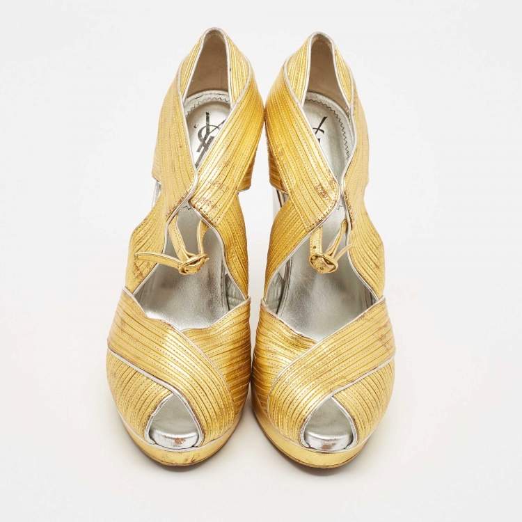 Pre Owned Saint Laurent Paris Metallic Gold Leather Venice Sculpted Wedge Platform Sandals Size 39