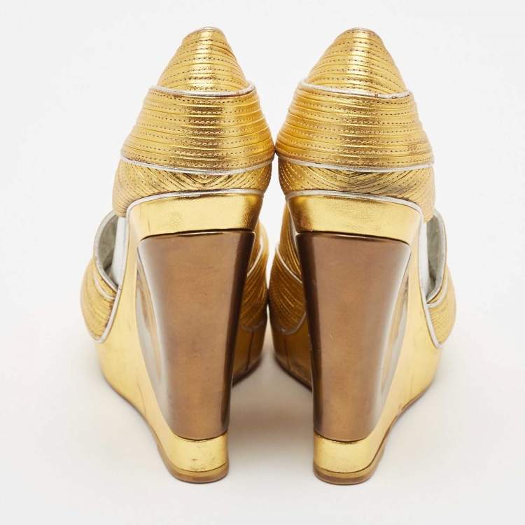 Pre Owned Saint Laurent Paris Metallic Gold Leather Venice Sculpted Wedge Platform Sandals Size 39