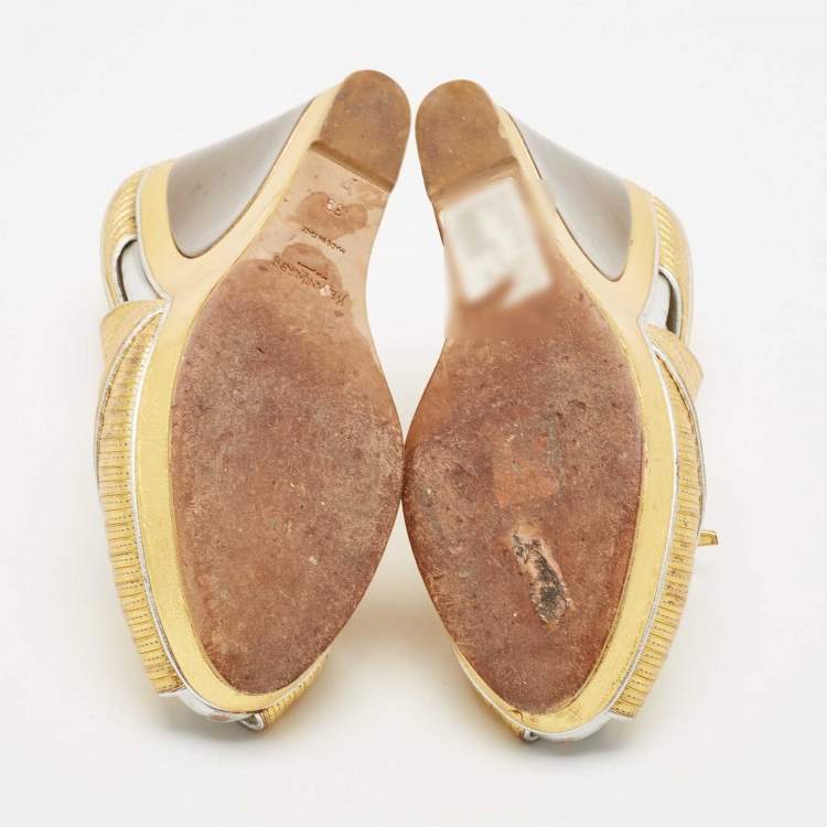 Pre Owned Saint Laurent Paris Metallic Gold Leather Venice Sculpted Wedge Platform Sandals Size 39