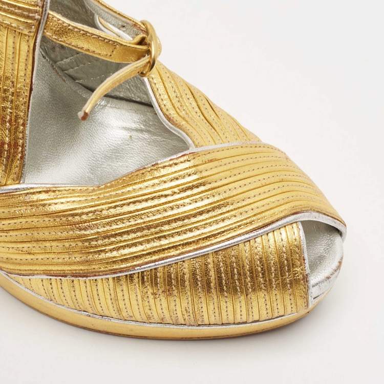Pre Owned Saint Laurent Paris Metallic Gold Leather Venice Sculpted Wedge Platform Sandals Size 39