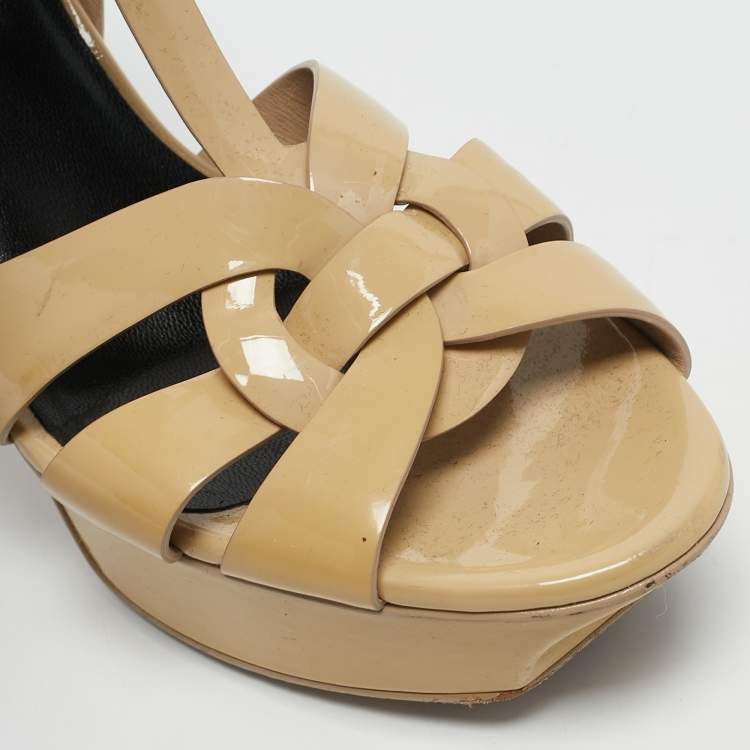 Pre Owned Saint Laurent Beige Patent Leather Tribute Platform Sandals Size 37