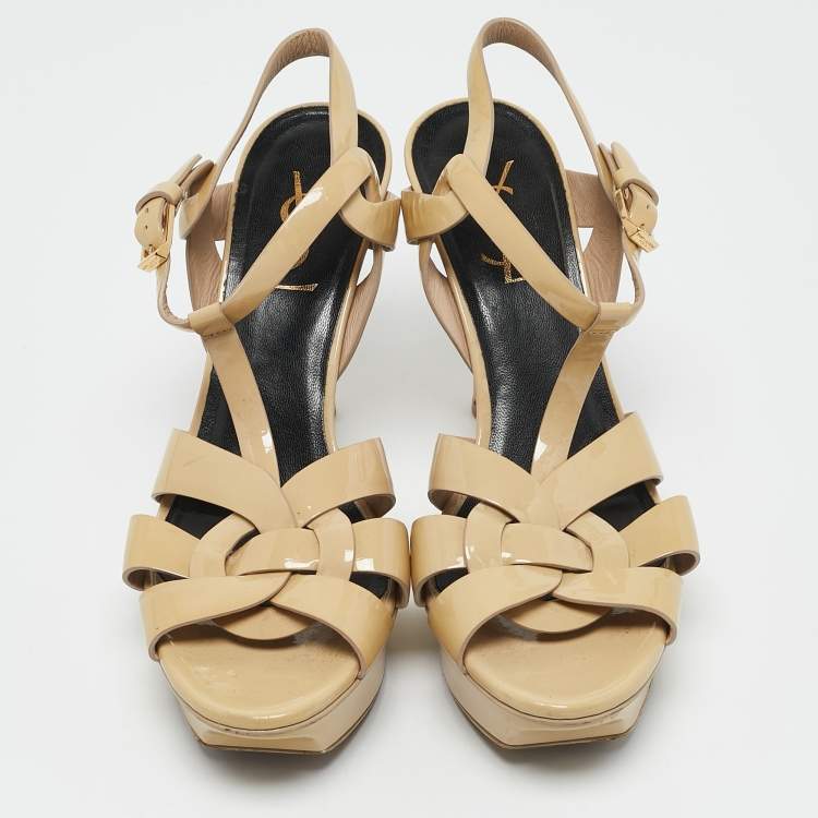 Pre Owned Saint Laurent Beige Patent Leather Tribute Platform Sandals Size 37