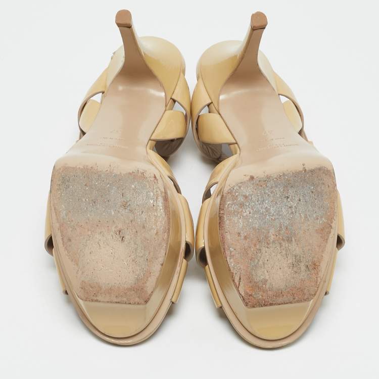 Pre Owned Saint Laurent Beige Patent Leather Tribute Platform Sandals Size 37
