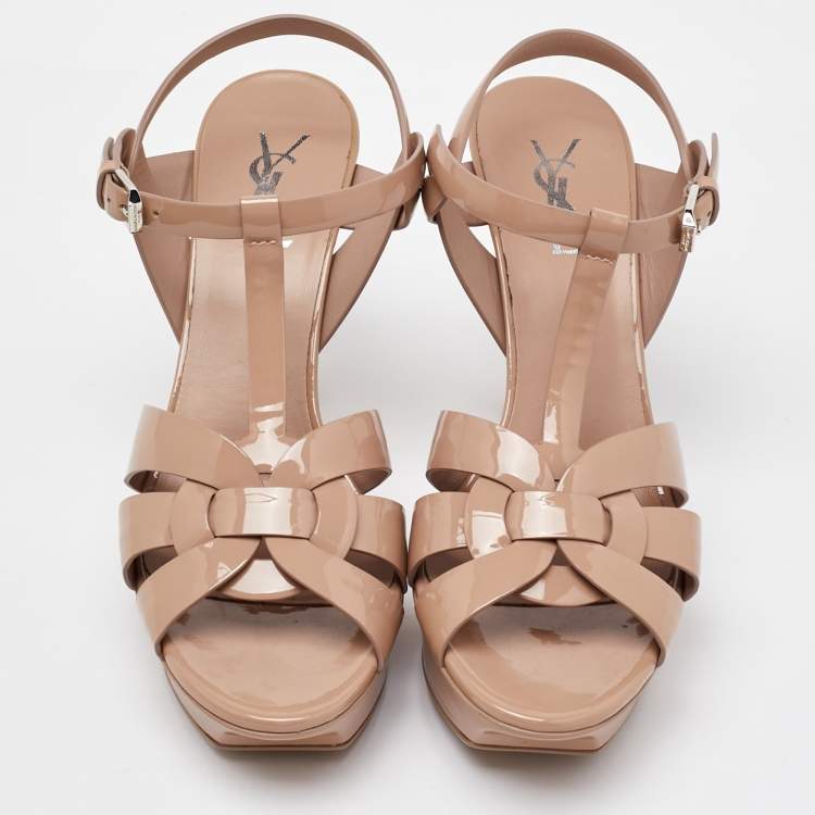 Pre Owned Saint Laurent Beige Patent Leather Tribute Platform Sandals Size 39.5