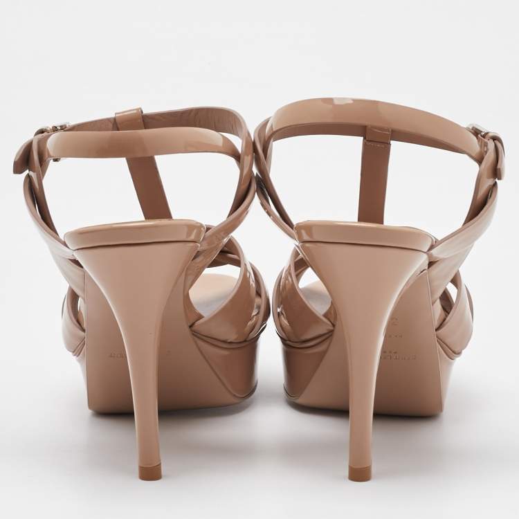 Pre Owned Saint Laurent Beige Patent Leather Tribute Platform Sandals Size 39.5