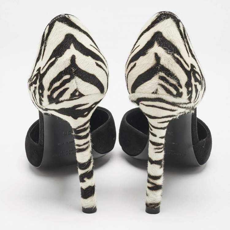 Pre Owned Saint Laurent Black/White Calf Hair and Suede Anja D'orsay Pumps Size 36