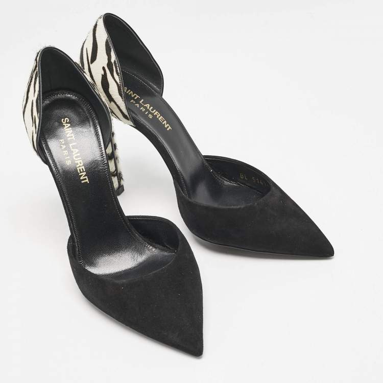 Pre Owned Saint Laurent Black/White Calf Hair and Suede Anja D'orsay Pumps Size 36