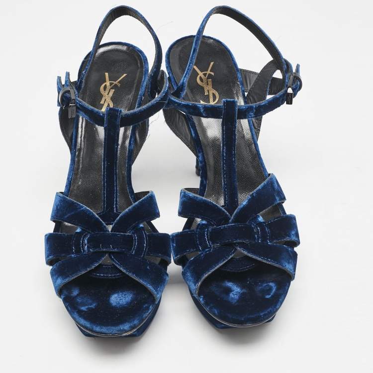 Pre Owned Saint Laurent Blue Velvet Tribute Ankle Strap Sandals Size 38.5
