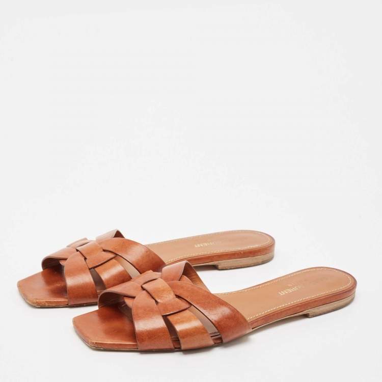 Pre Owned Saint Laurent Brown Leather Tribute Slide Flats Size 39