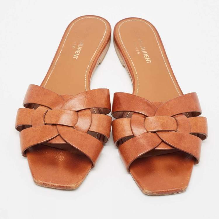 Pre Owned Saint Laurent Brown Leather Tribute Slide Flats Size 39