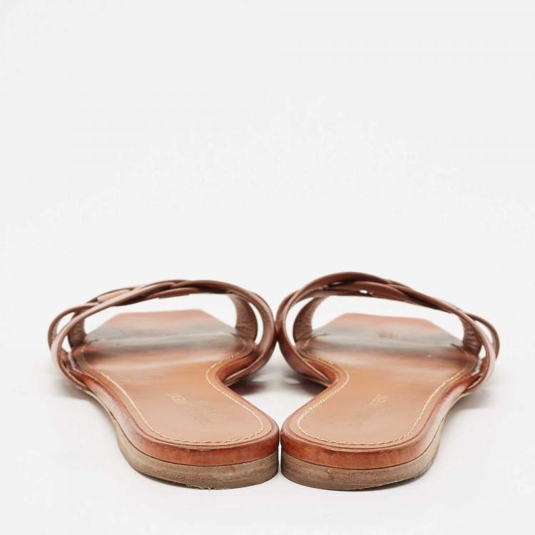 Pre Owned Saint Laurent Brown Leather Tribute Slide Flats Size 39