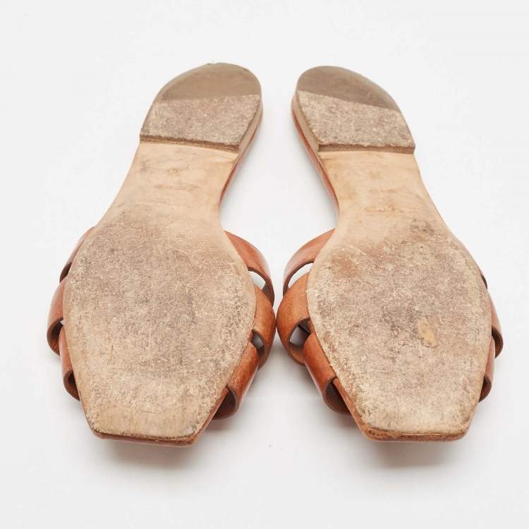 Pre Owned Saint Laurent Brown Leather Tribute Slide Flats Size 39